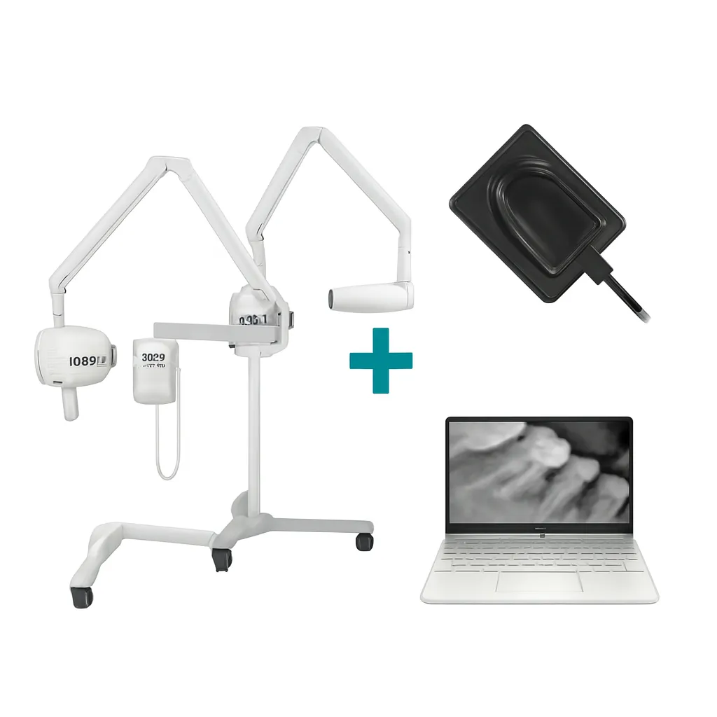 Equipo odontológico digital con sensor, generador de rayos X y laptop mostrando radiografía periapical para diagnóstico dental avanzado.